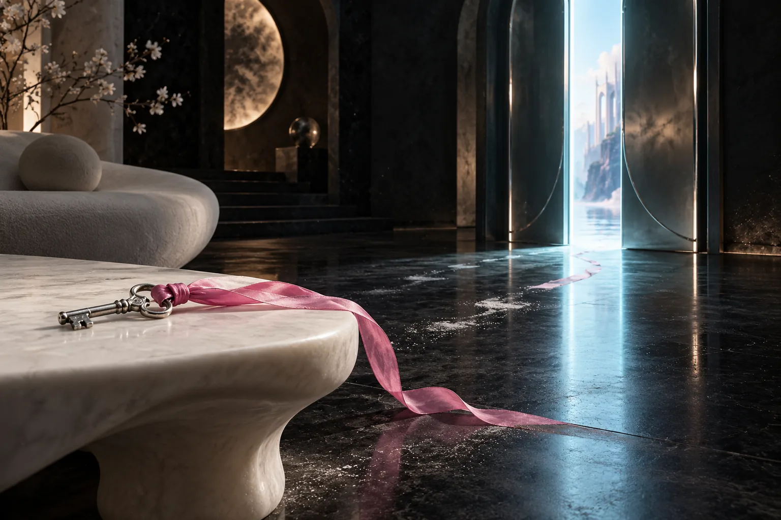 A silver key with a pink ribbon rests on a pale table, leading towards an open doorway into a luminous fantasy landscape.