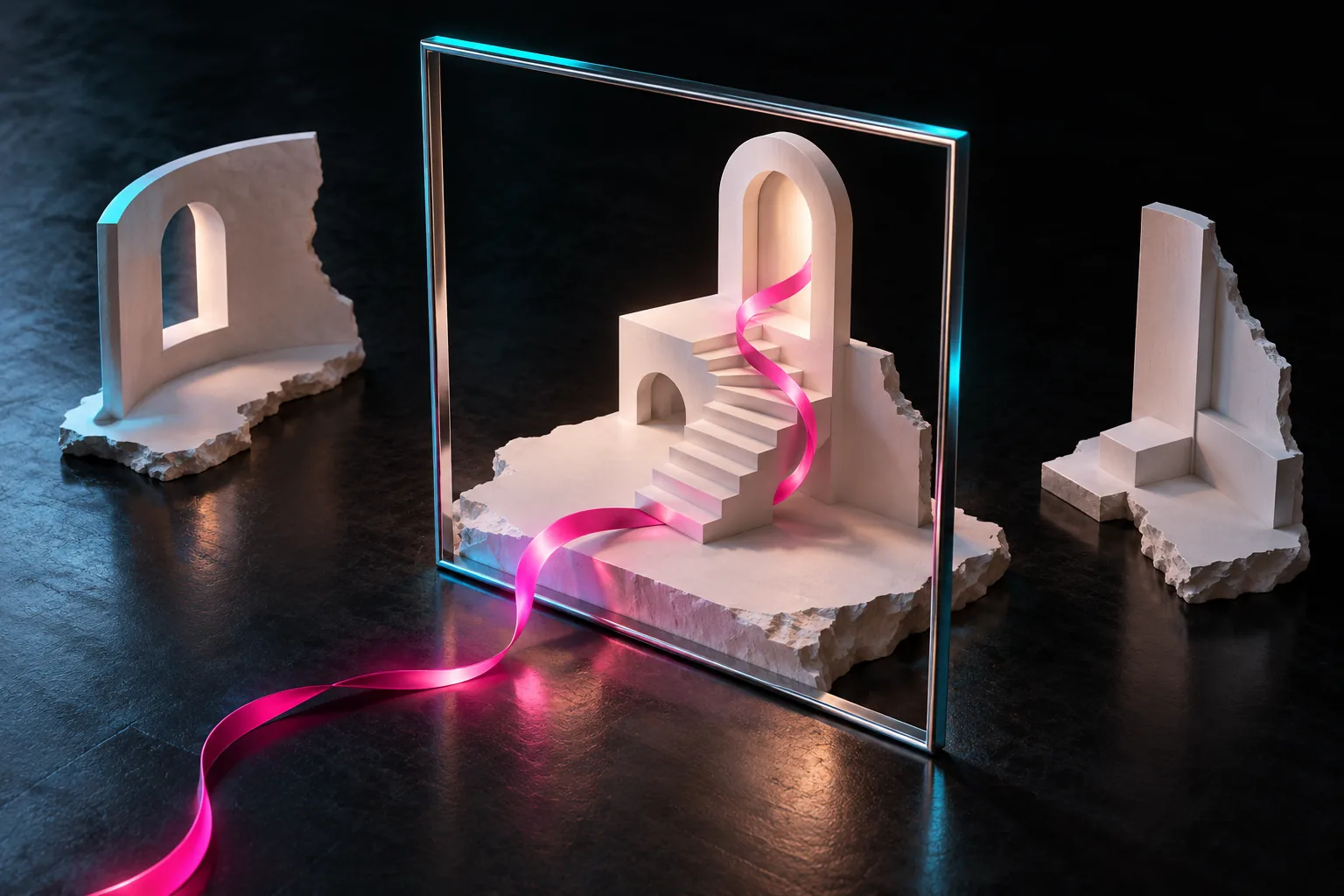 A chrome frame selects a white miniature stairway and arched doorway threaded with pink ribbon, while two unfinished stage fragments sit outside it.