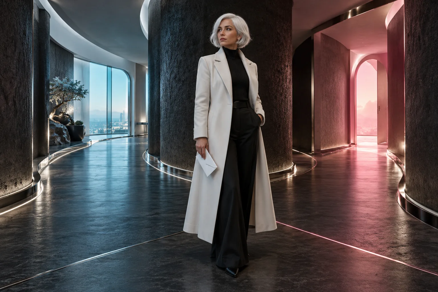 A white-haired woman holding a closed letter stands between a cyan-lit corridor and a pink-lit doorway.
