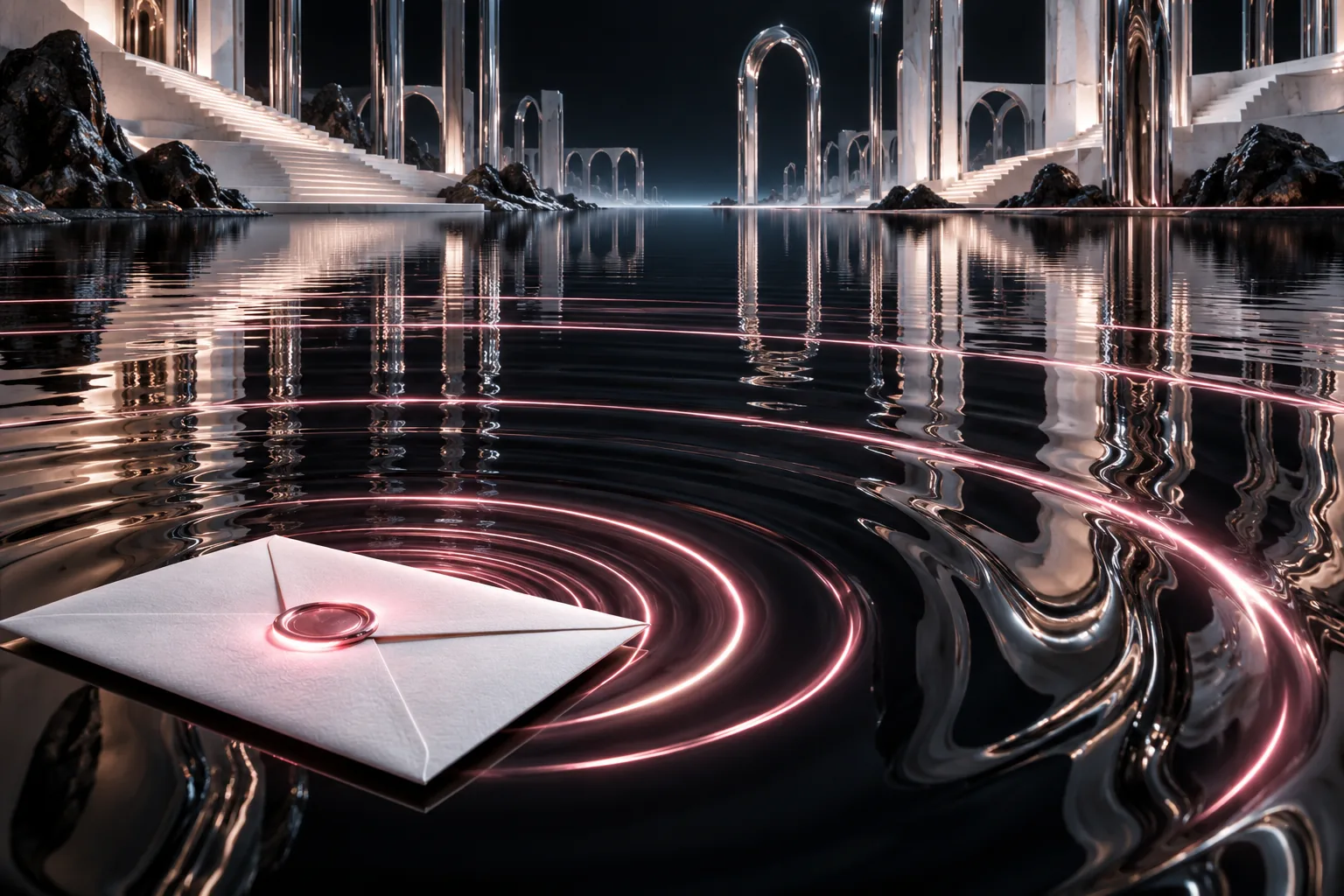 Pink ripples spread from a white envelope across a reflective black surface beneath silver arches and stairways.