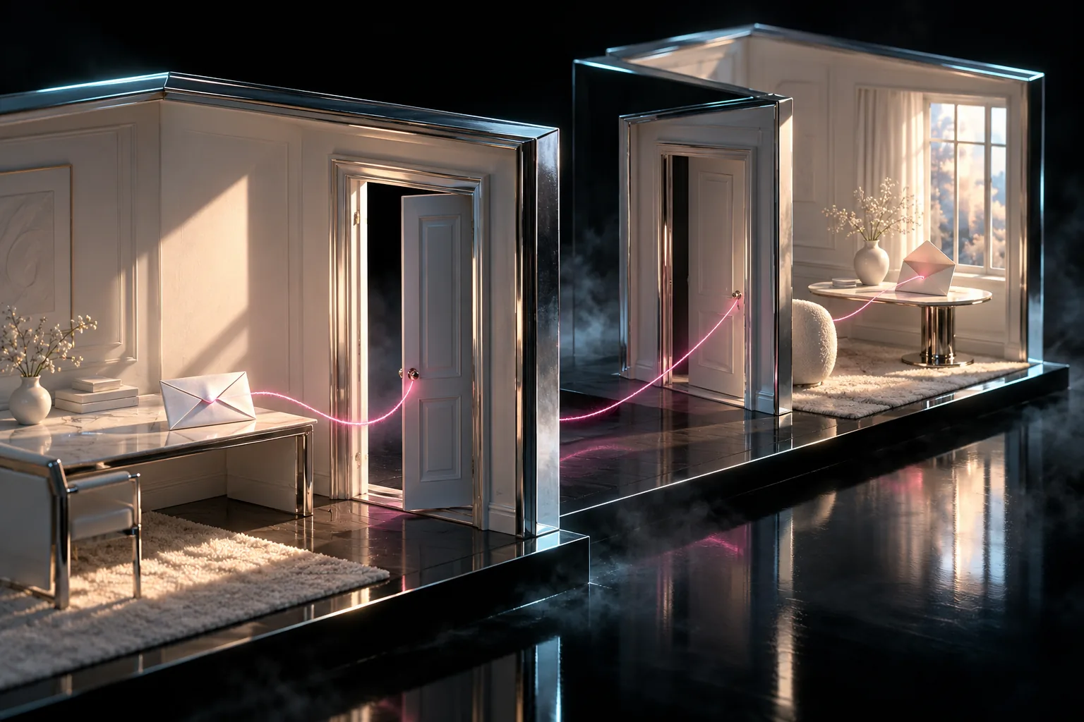 Two miniature white rooms hold a closed and an open envelope, joined by a fine pink thread passing through their doorways.