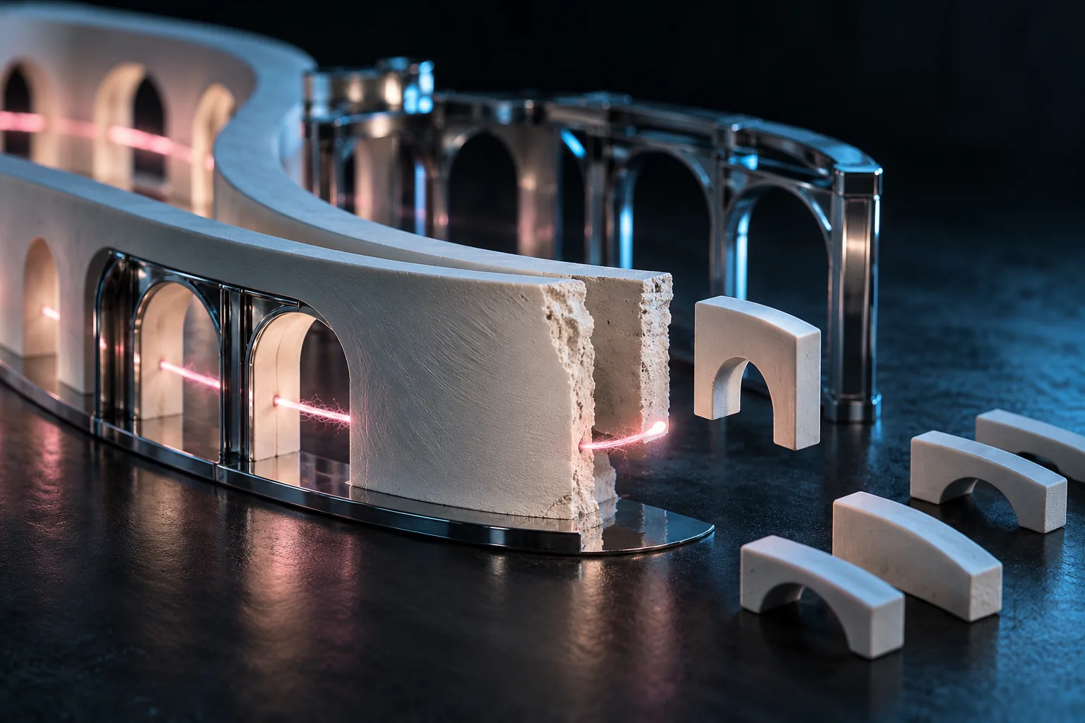 A curved white and chrome architectural model has unfinished edges and a floating arch-shaped insert, with loose components waiting nearby.