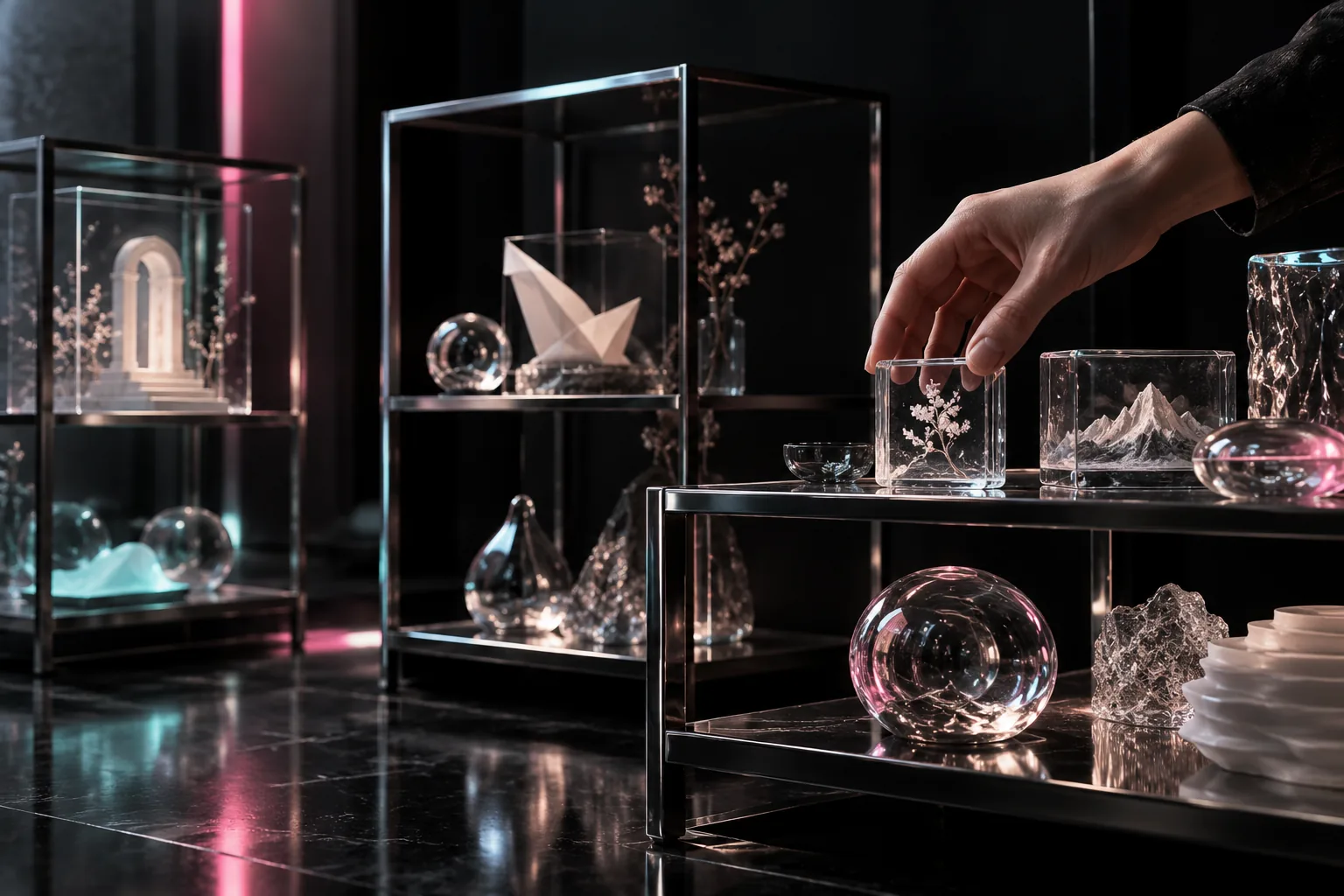 A hand arranges a clear glass keepsake among miniature paper, tree and mountain objects on open chrome shelves.