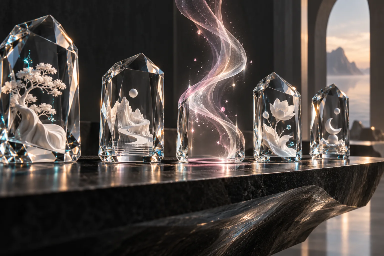 Pink and white light rises from one glass prism while four neighbouring prisms preserve their miniature landscapes.