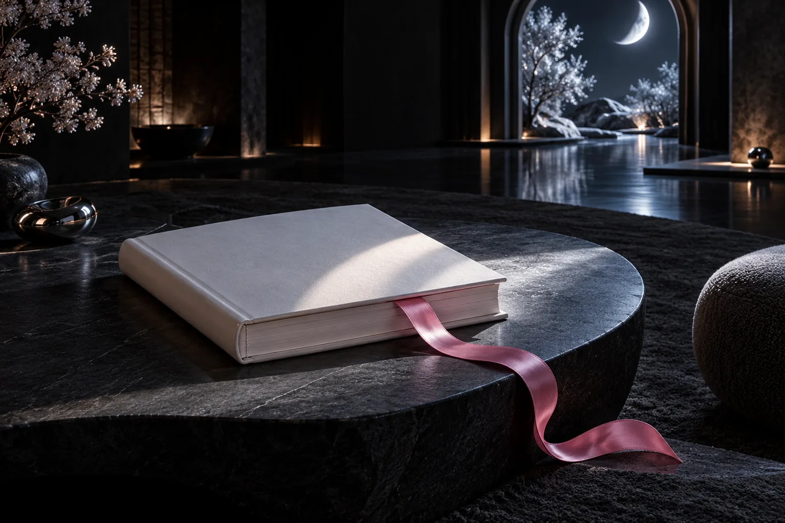 A closed white book with a loose pink bookmark rests on a dark stone table in a moonlit room.