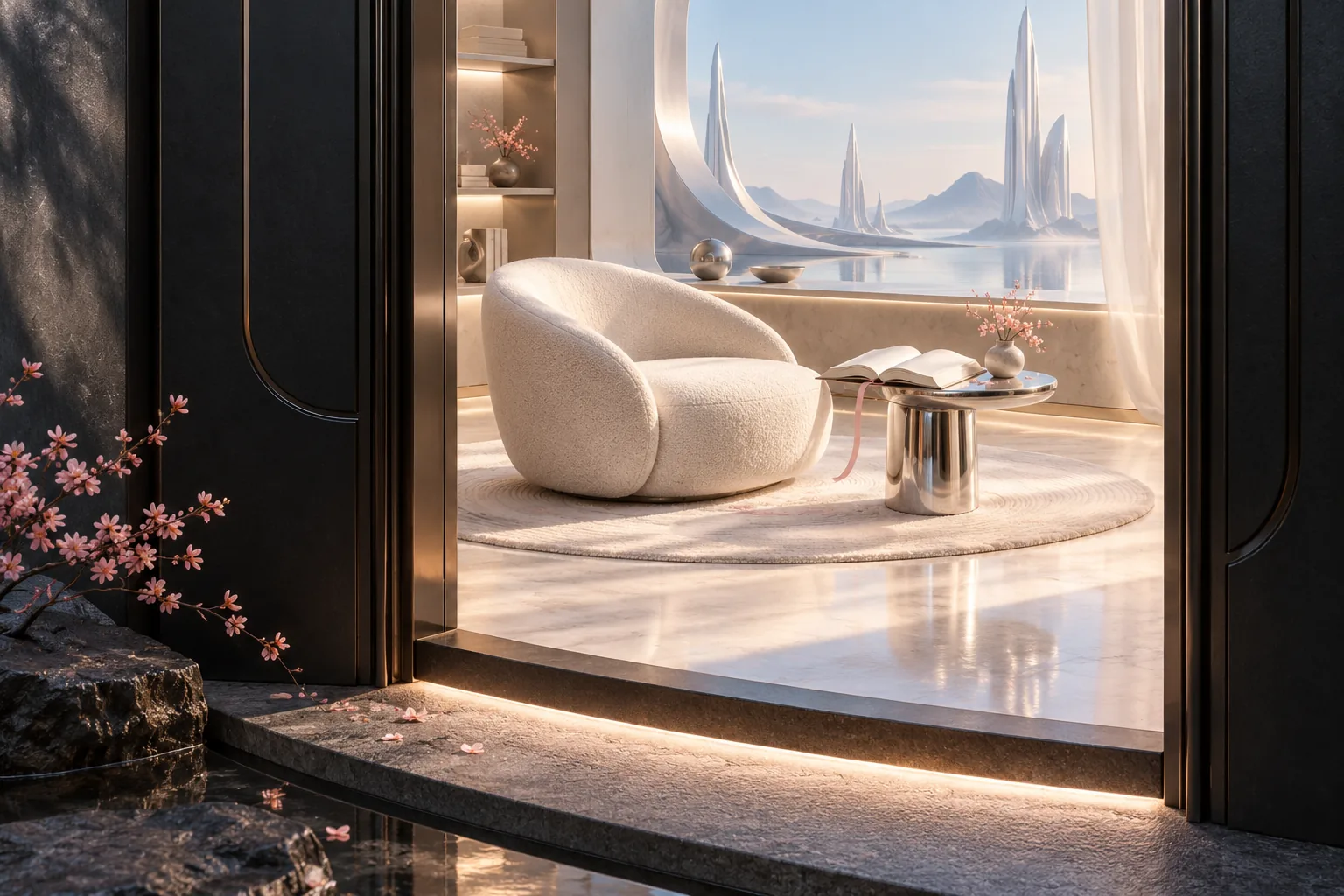 An open doorway reveals a peaceful white reading chair and a bookmarked book overlooking a silver imagined landscape.