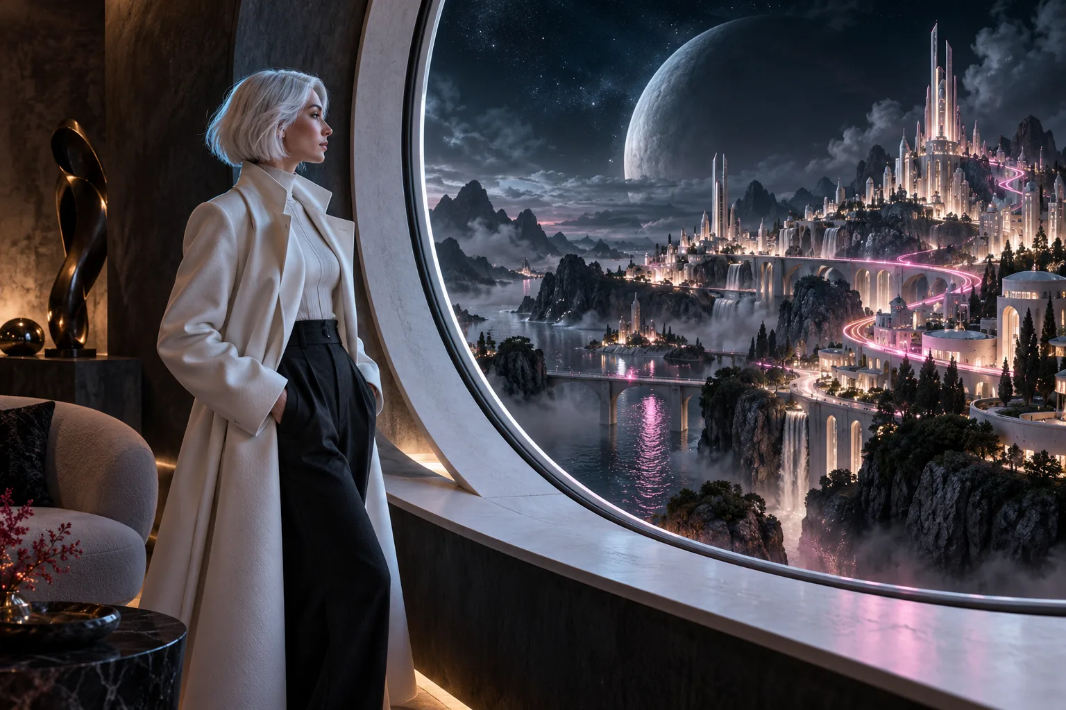 A white-haired woman in a white coat looks through a circular window towards a silver fantasy city crossed by pink light.
