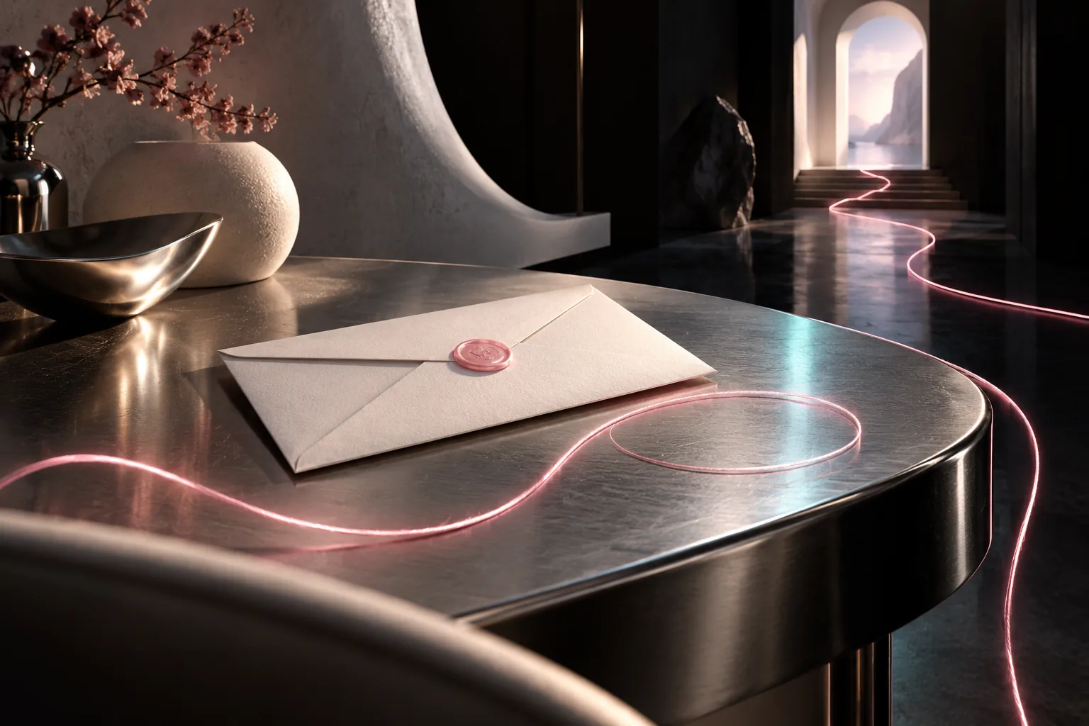 A sealed white envelope rests on a silver desk, with a glowing pink thread winding through a distant doorway.