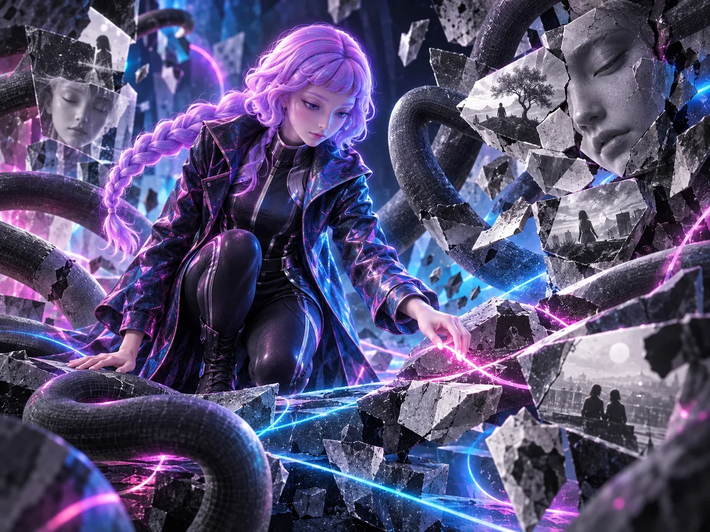 LOVE, with a long lavender braid and dark iridescent coat, weaves glowing threads through sculptural fragments of memory.