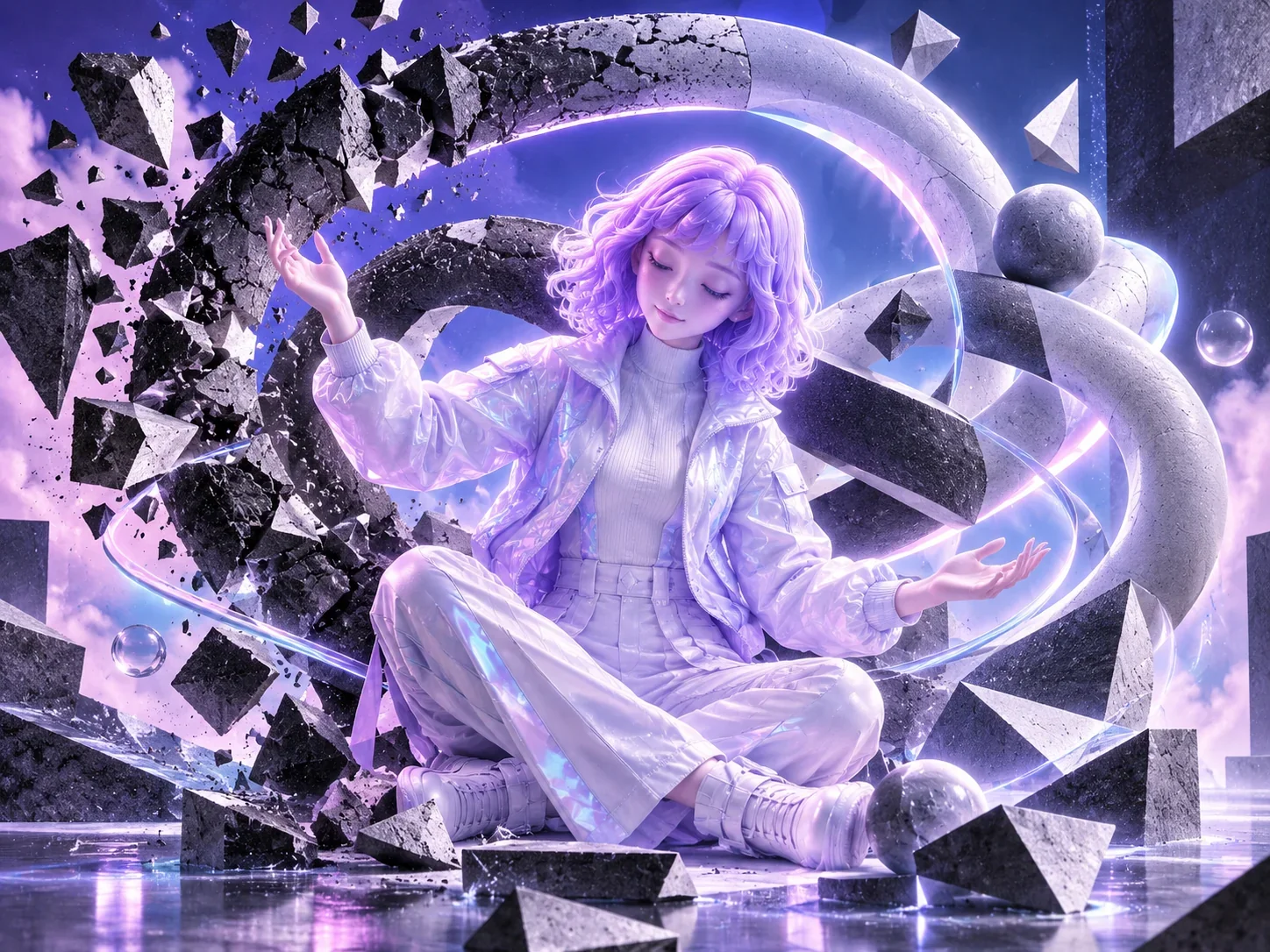 LOVE sits calmly with open hands among broken stone, smooth sculptural loops and gentle arcs of lavender light.