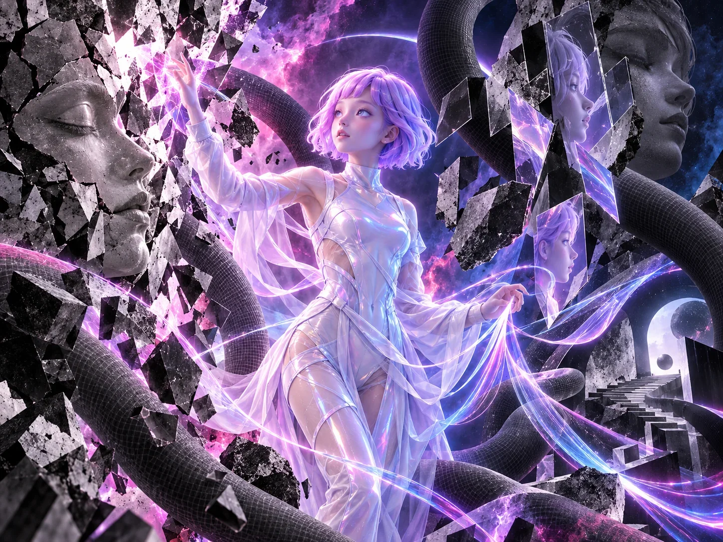 LOVE reaches through fractured monochrome sculptures, drawing luminous violet and blue threads into an unfolding story.