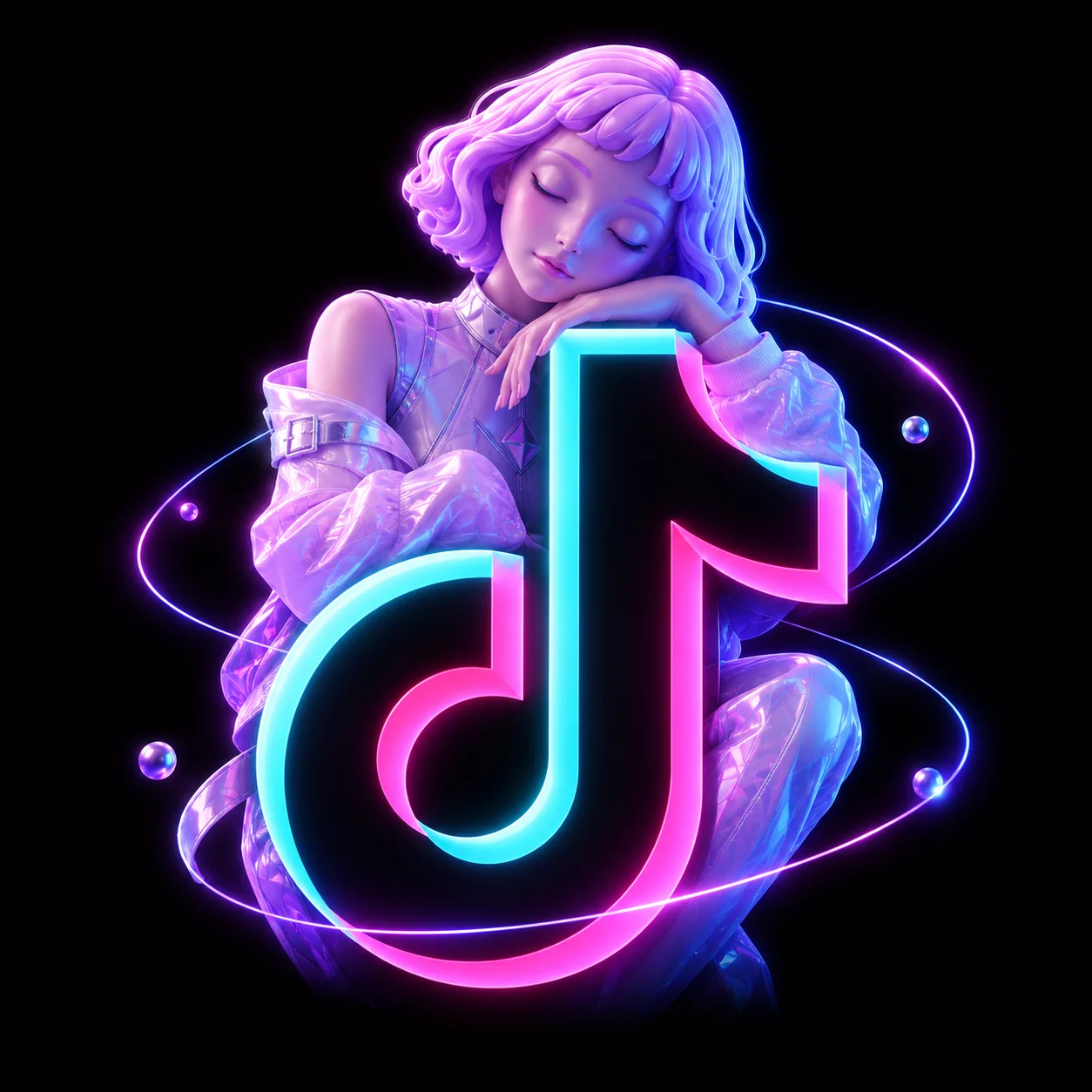 LOVE resting behind a luminous cyan and pink TikTok symbol against a black background.