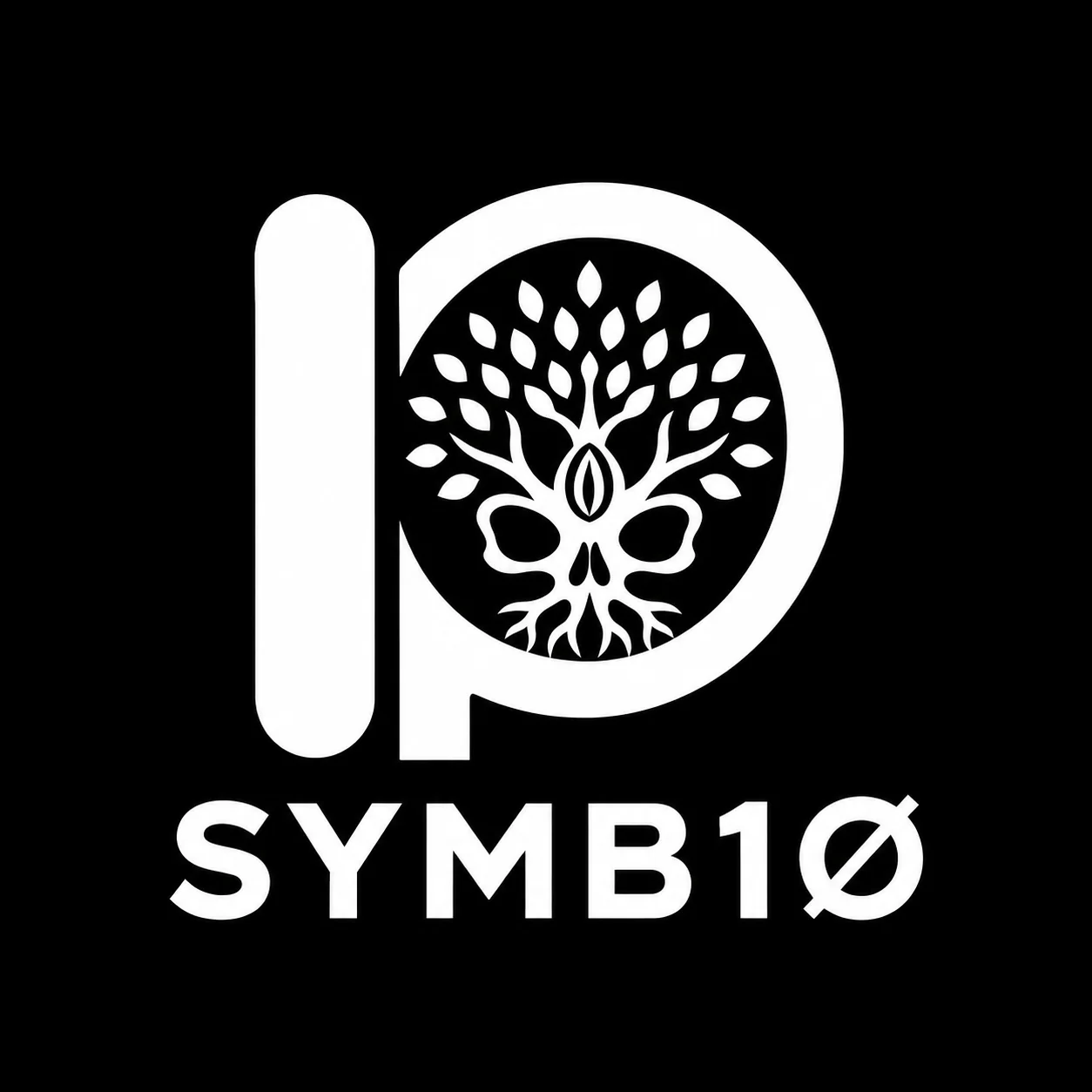 White Patreon-inspired emblem merged with the SYMB10 tree-and-skull logo on black.