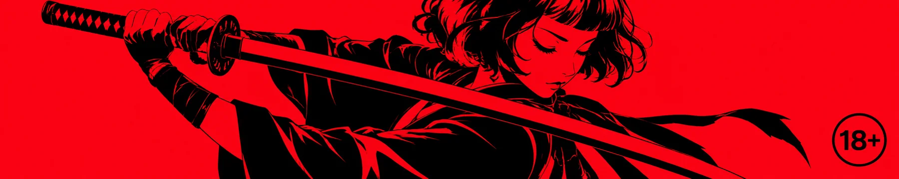 LOVE in samurai garb holding a katana, rendered in black on red, with an 18+ symbol.