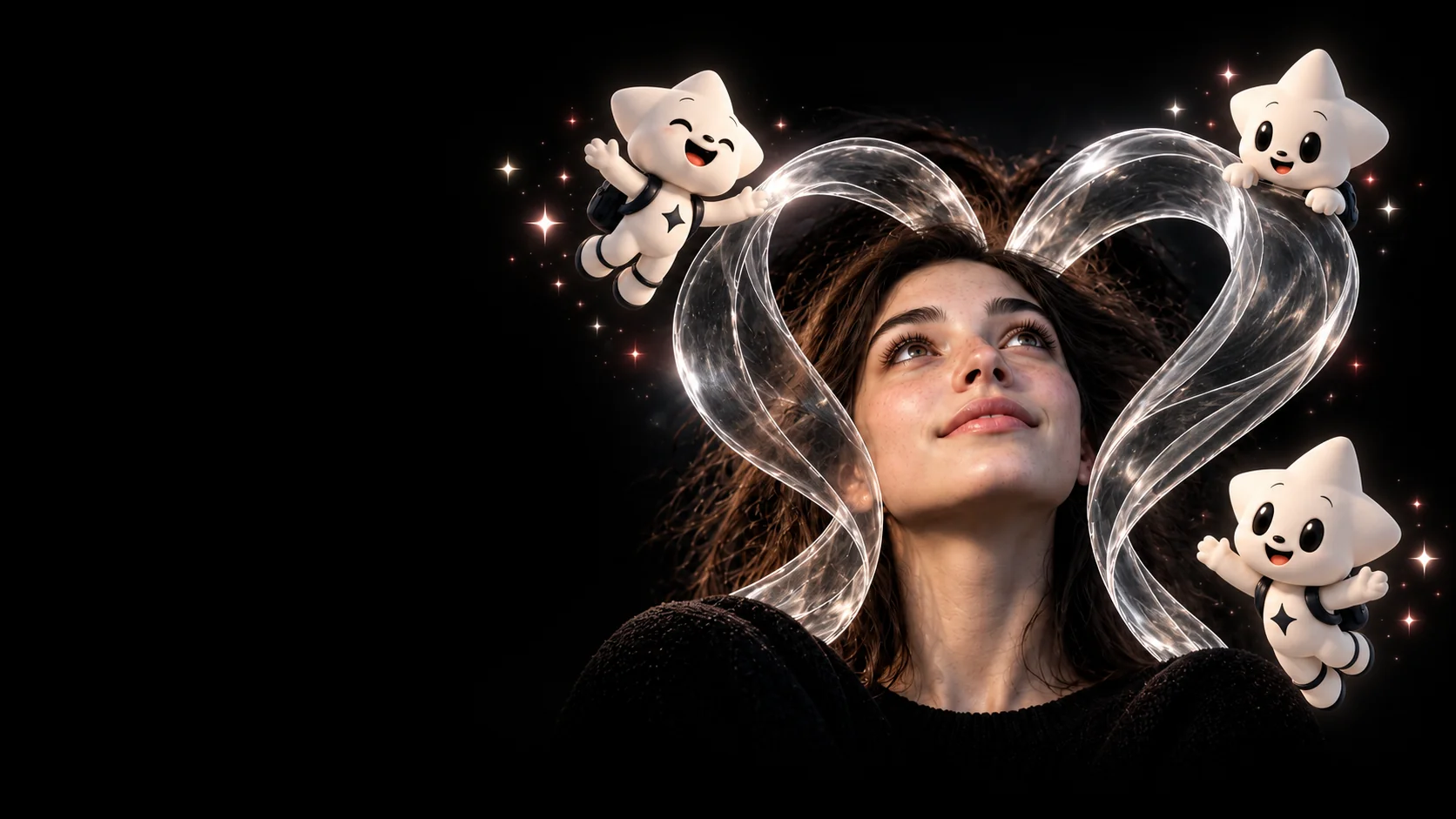 An adult woman looks up within a clear glass heart, surrounded by three cream NOVA characters.