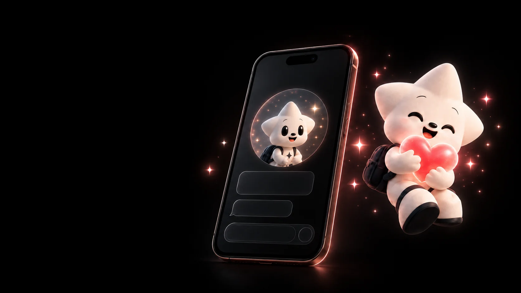 A companion phone concept beside NOVA holding a glowing red heart.