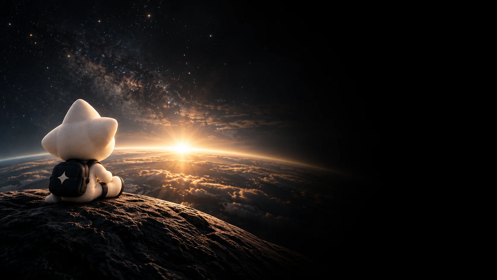 NOVA sits on a rock and watches the sun rise over Earth.