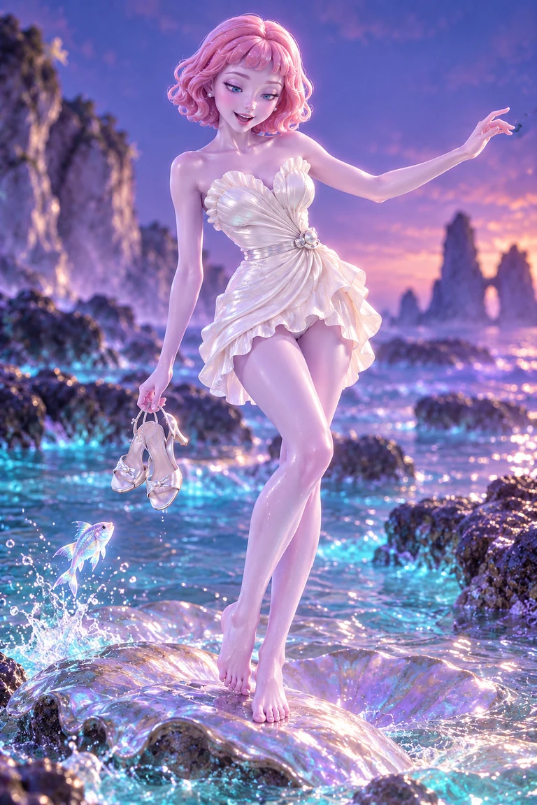 LOVE with pink hair and a pearly white dress on a glowing, iridescent shoreline.