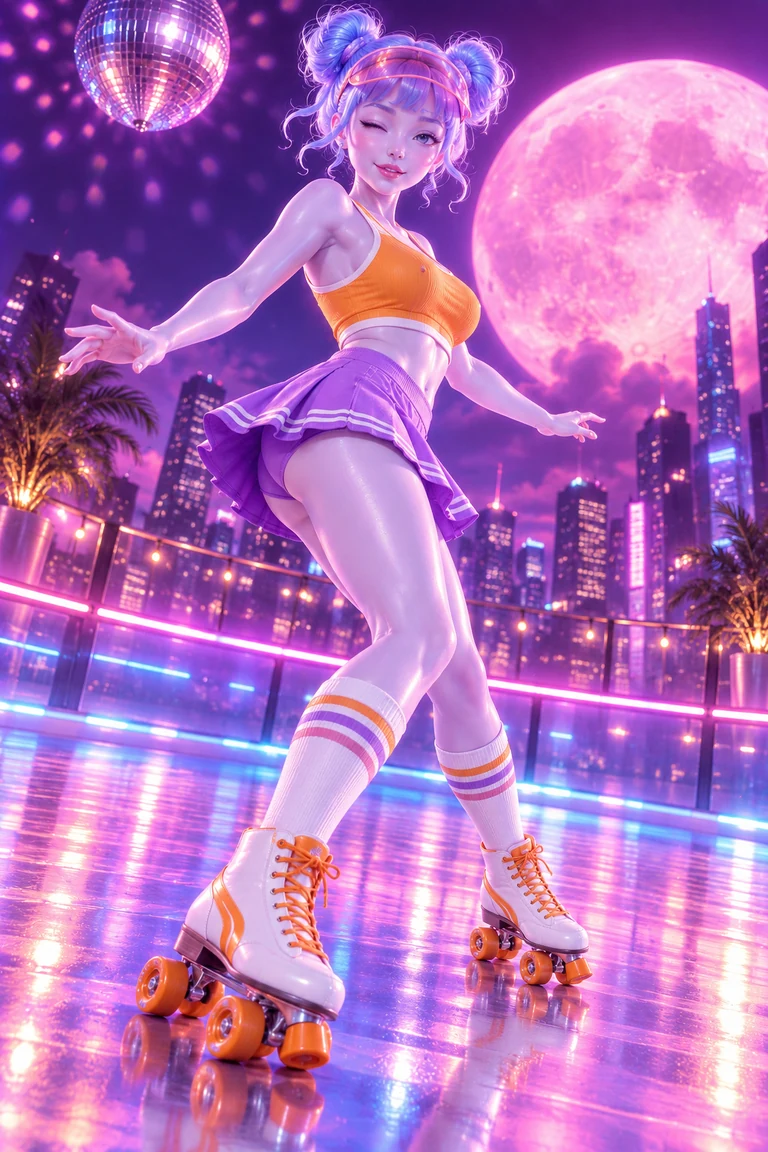 LOVE roller-skating in an orange top and purple skirt beneath a glowing pink moon.