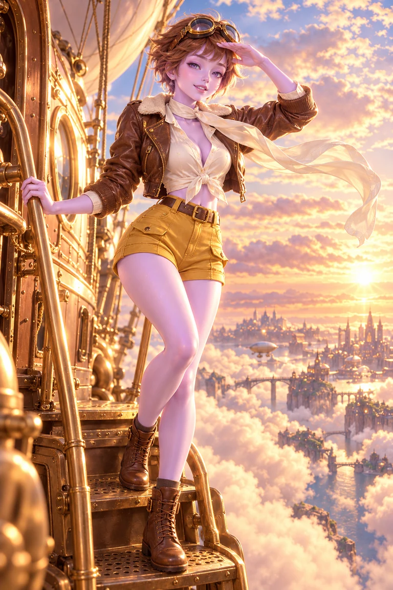 LOVE in an aviator jacket and mustard shorts aboard a golden airship above the clouds.