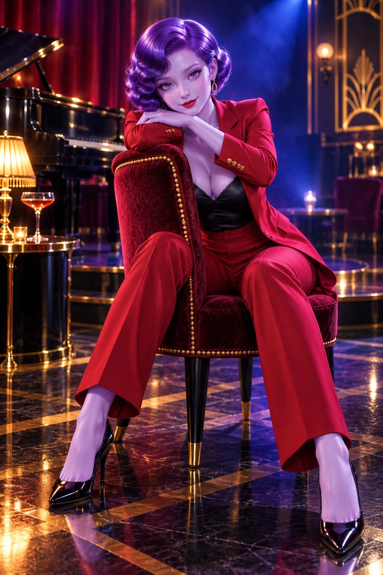 LOVE with violet hair in a crimson trouser suit, seated beside a piano in a jazz club.