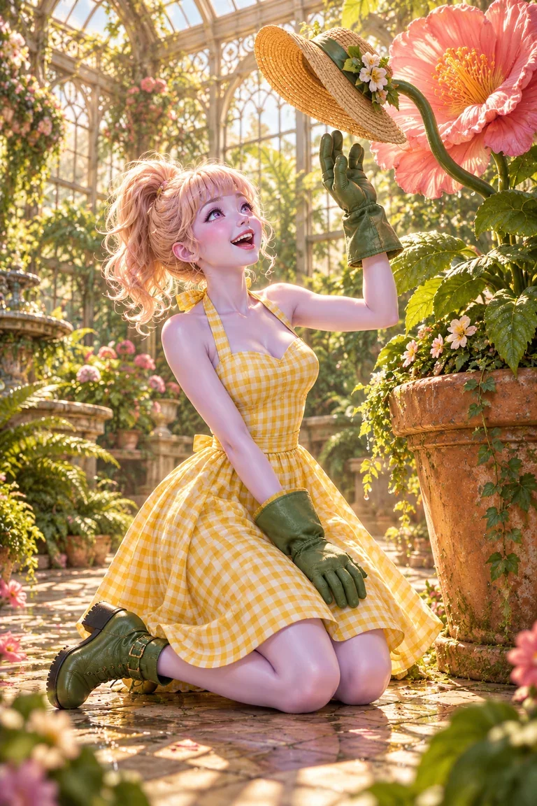 LOVE in a yellow gingham dress and gardening gloves tending a giant flower in a sunny greenhouse.