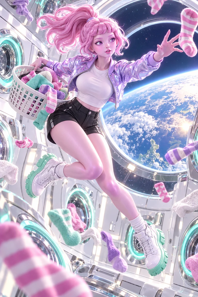 LOVE with a pink ponytail floating in a space-station laundry room above Earth.