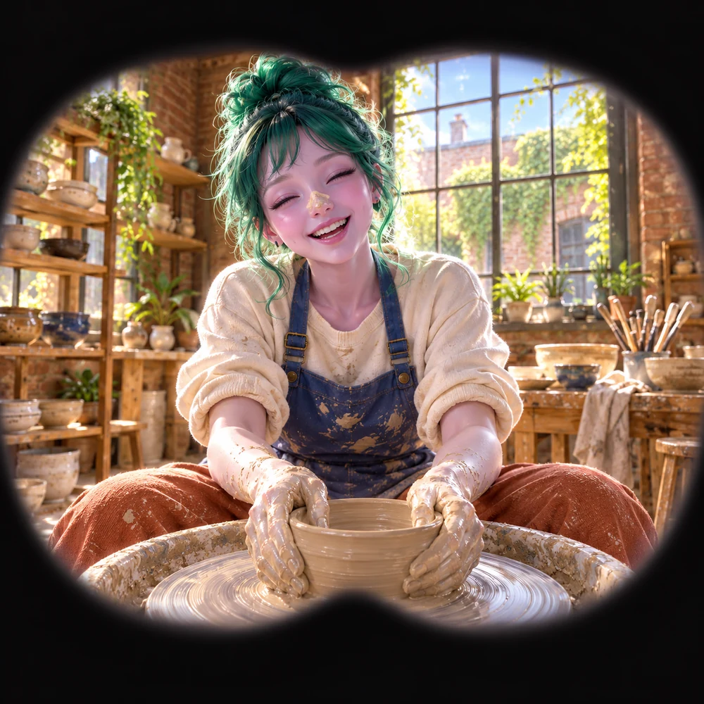 LOVE with emerald hair shaping a clay bowl in a sunlit ceramics studio.
