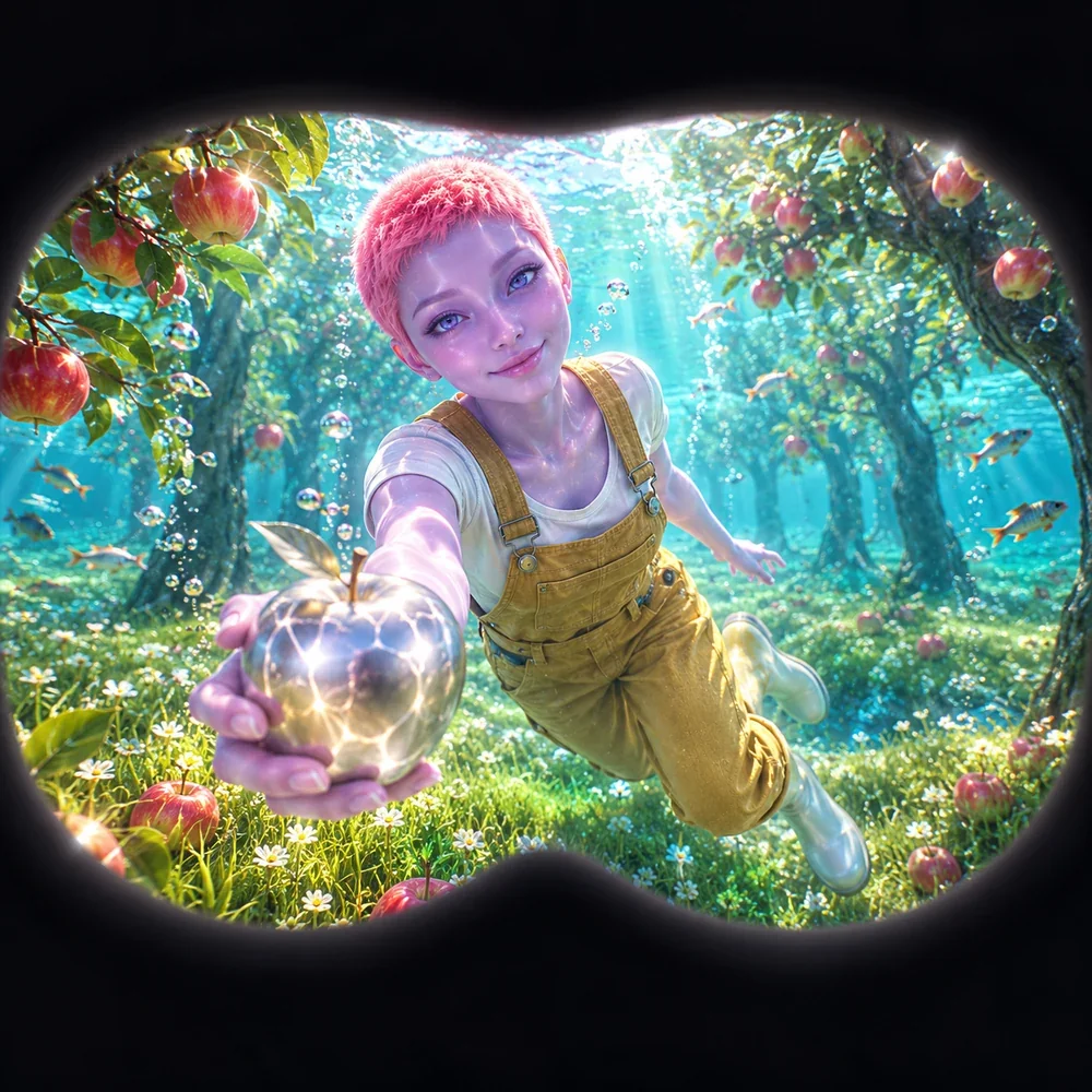 LOVE with coral-pink hair offering a silver apple in an underwater orchard.