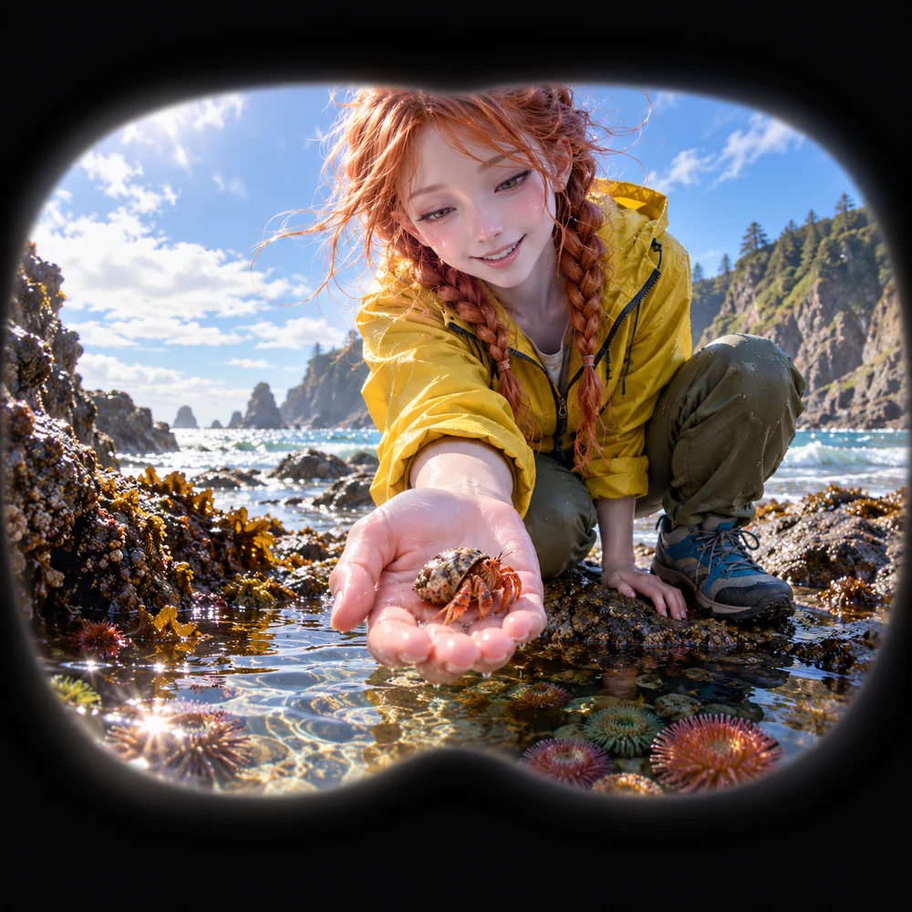 LOVE with copper braids showing a tiny hermit crab beside a coastal rock pool.