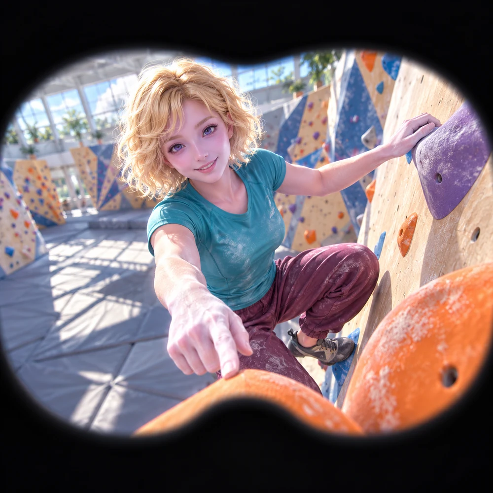 LOVE pointing to a climbing hold in a bright indoor bouldering gym.