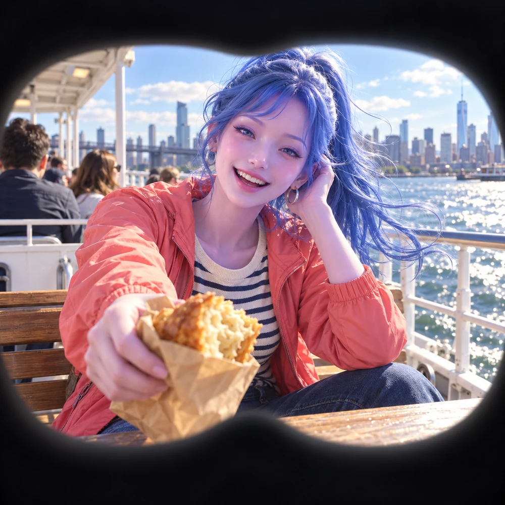 LOVE with an ink-blue ponytail sharing a pastry aboard a sunlit passenger ferry.