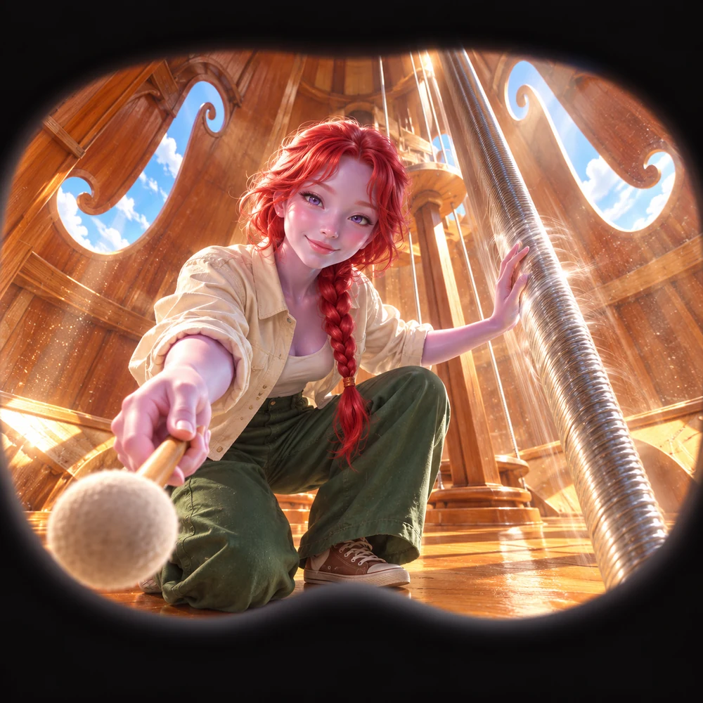 LOVE with a red braid offering a mallet inside an enormous wooden cello.