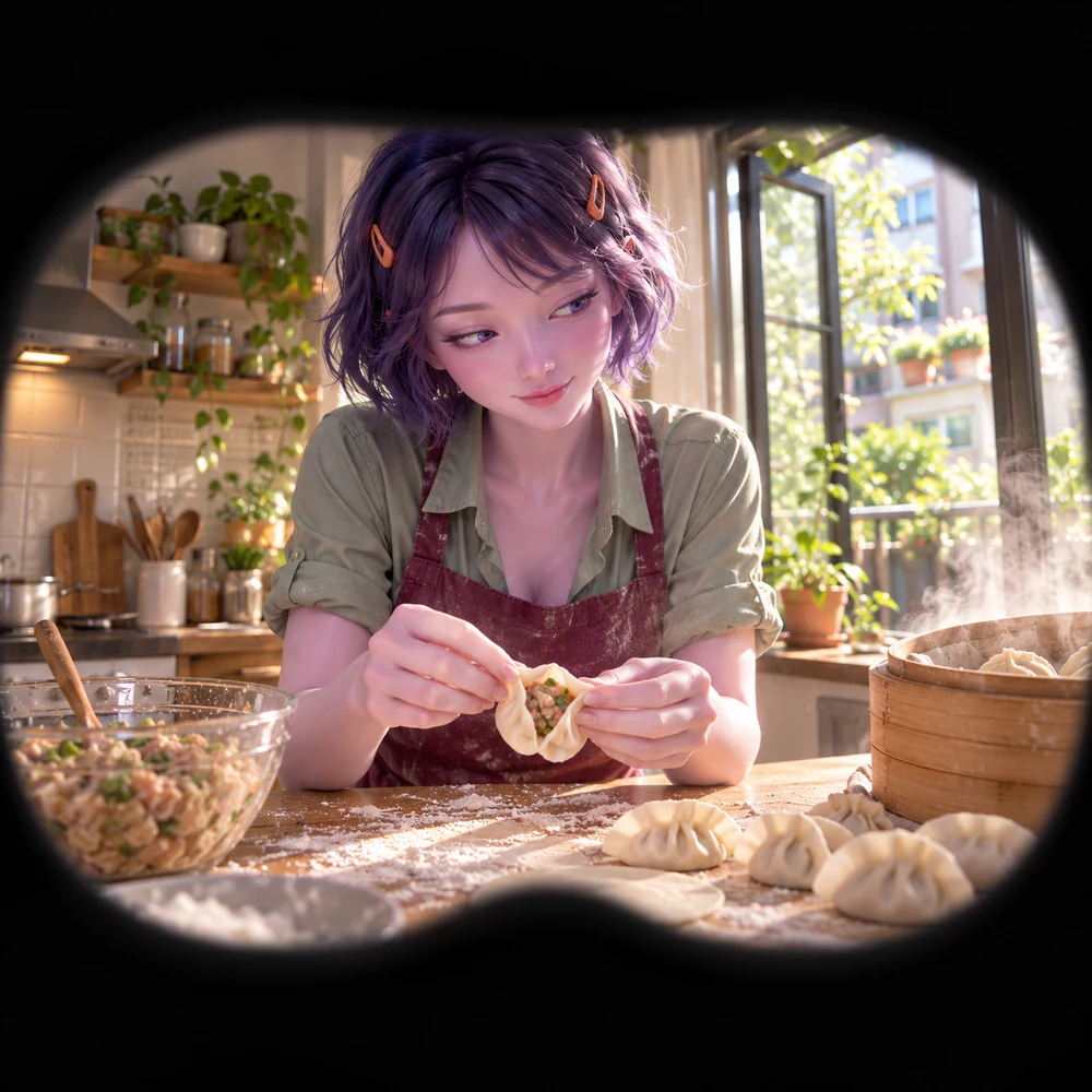 LOVE with a lilac-black bob demonstrating how to fold dumplings in a bright kitchen.