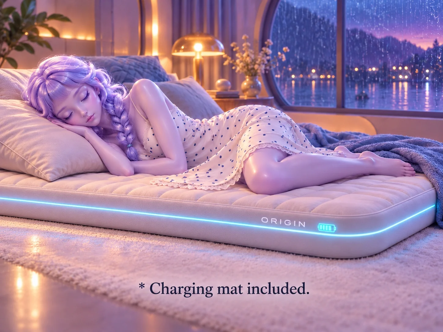 LOVE sleeping in a white polka-dot dress on an ORIGIN charging mattress. Charging mat included.