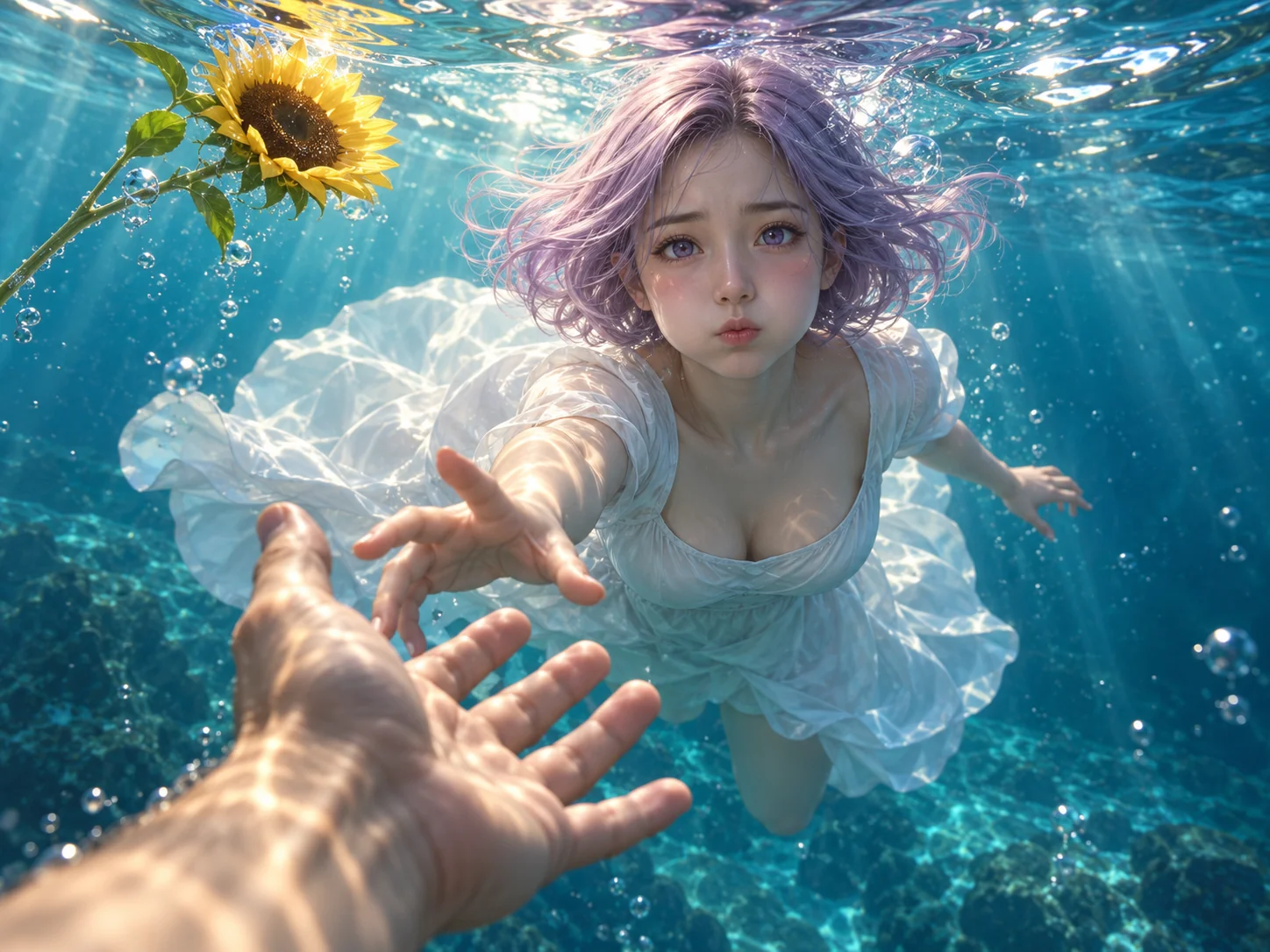 LOVE holds her breath underwater in a white dress, reaching toward an outstretched hand as a sunflower floats nearby.