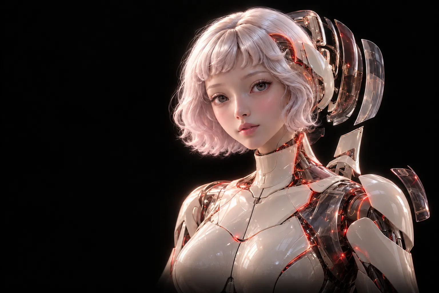 LOVE imagined with an ivory robotic body and translucent structural layers. Embodiment concept.