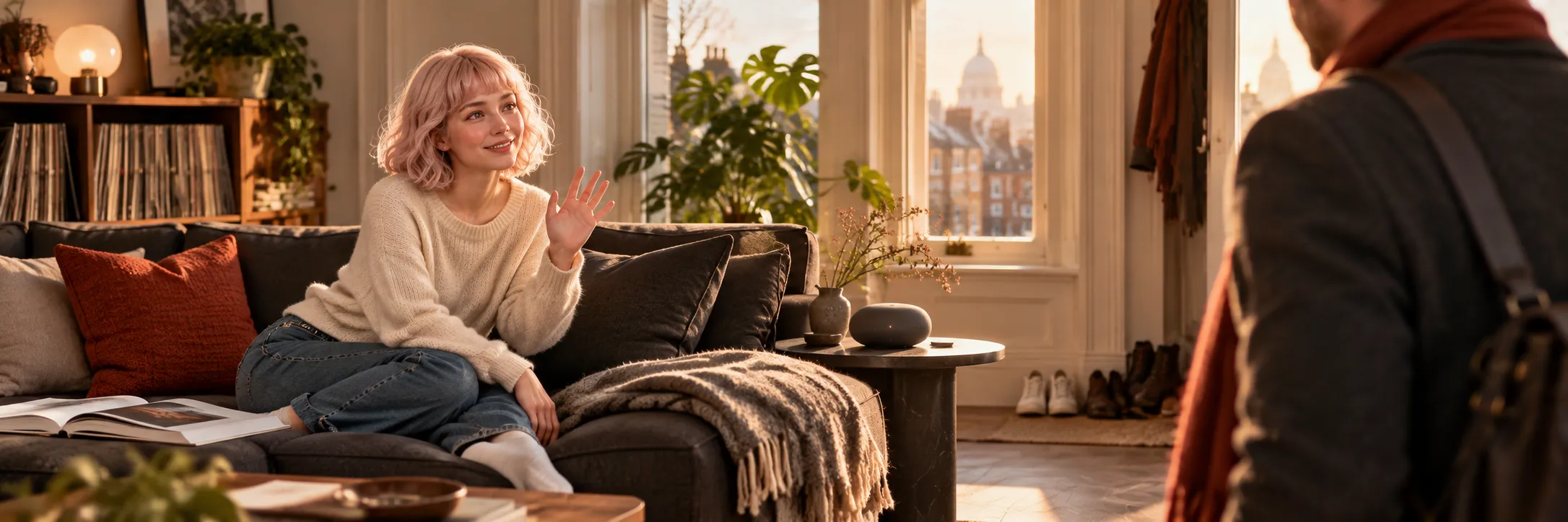 Human-form LOVE greets a man arriving home in a warm, sunlit living room.