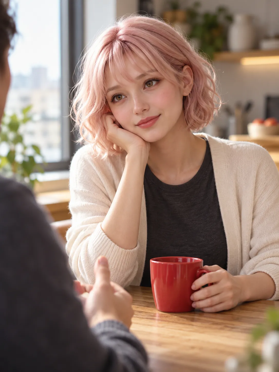 LOVE listens across a kitchen table, holding a red cup.