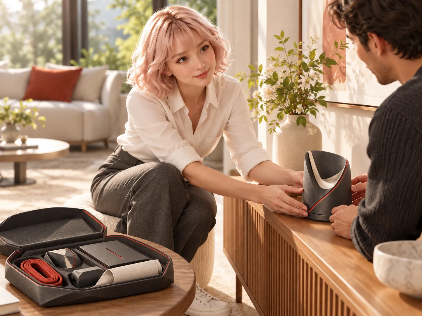 LOVE beside her arrival case and distinctive graphite, ivory and vermilion charging kit.