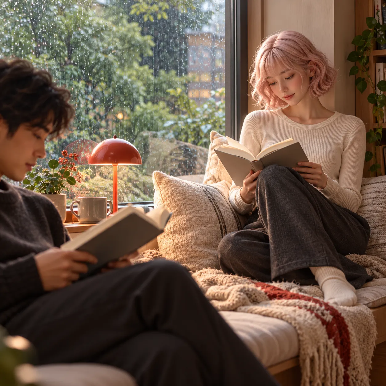 LOVE and a man read independently together beside a window.