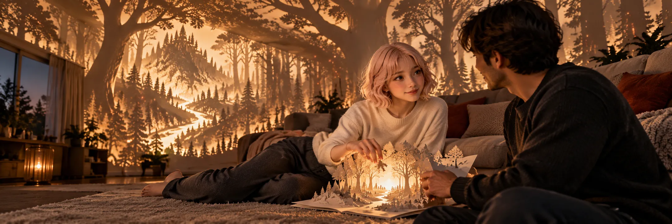 An imagined paper forest transforms the walls of a living room around LOVE.