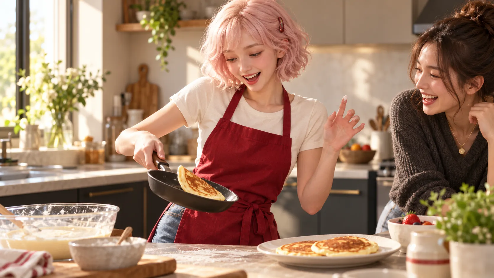 LOVE and a friend laugh while making pancakes in a bright kitchen.