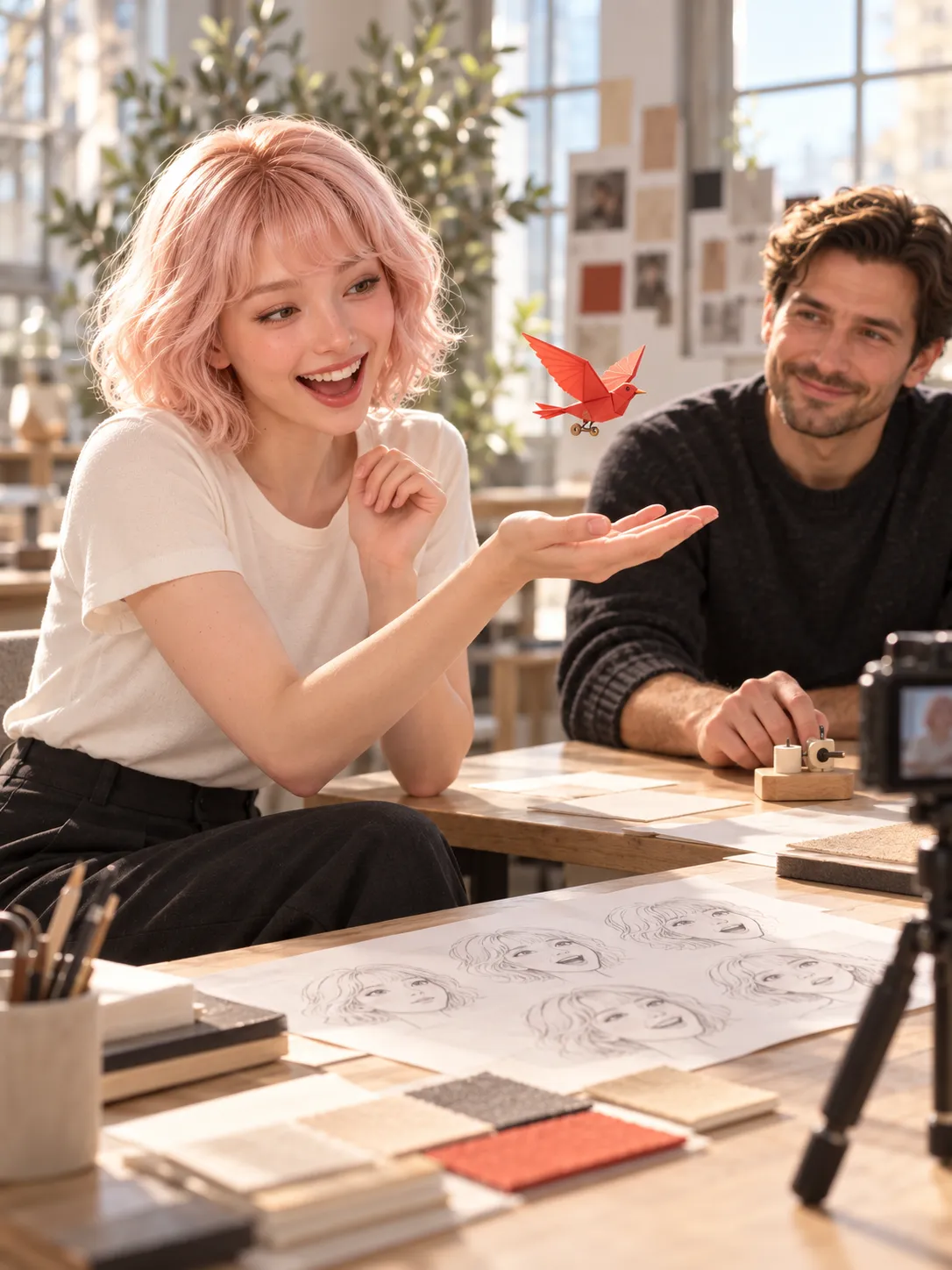 LOVE smiles at a red kinetic paper bird above her palm as a designer observes.