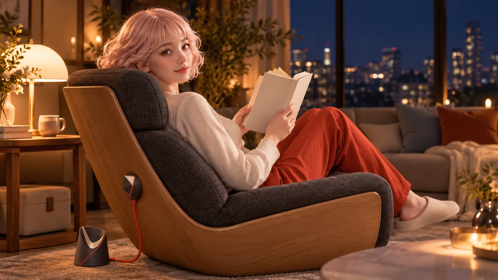 LOVE reads in an armchair while connected to her sculptural graphite charger by a red cable.