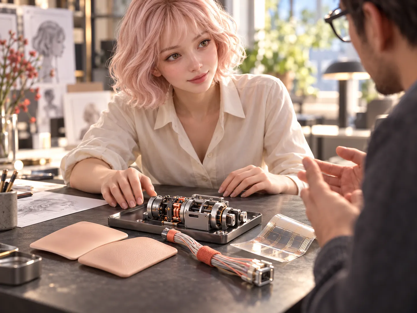 A designer studies internal actuators and material samples beside human-form LOVE.